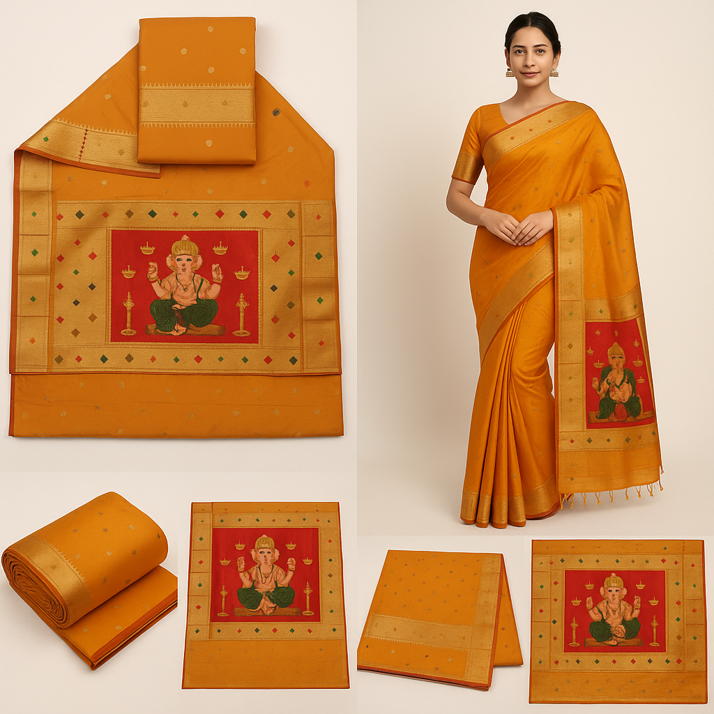 Soft Semi Paithani Silk Saree with Designer Ganesha Pallu