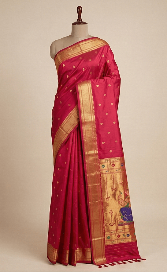 Luxurious Red Pure Silk Saree with Intricate Embroidered Ganesha Pallu and Gold Zari Border