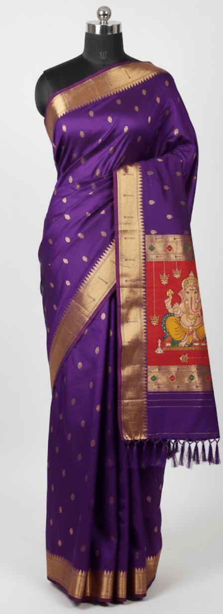 Regal Purple Pure Silk Paithani Saree with Gold Zari and Traditional Ganesha Pallu