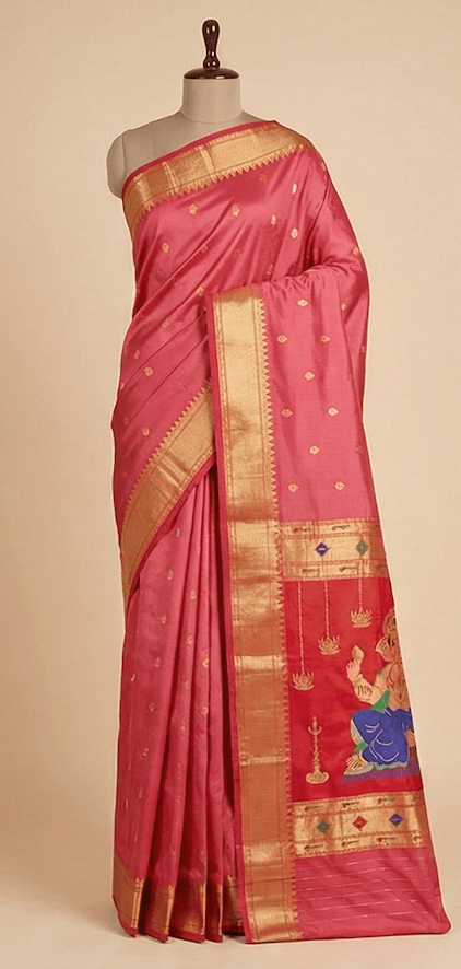 Elegant Coral Pink Pure Silk Paithani Saree with Gold Zari and Traditional