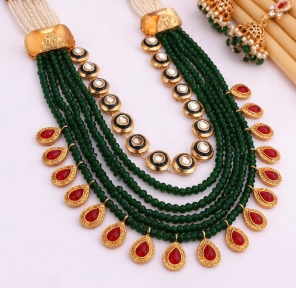 Traditional Green Crystal Long Mala Necklace Set with Ruby Drop Accents