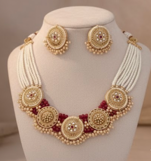 Traditional Pearl Kundan Necklace Set with Ruby Accents and Matching Stud Earrings