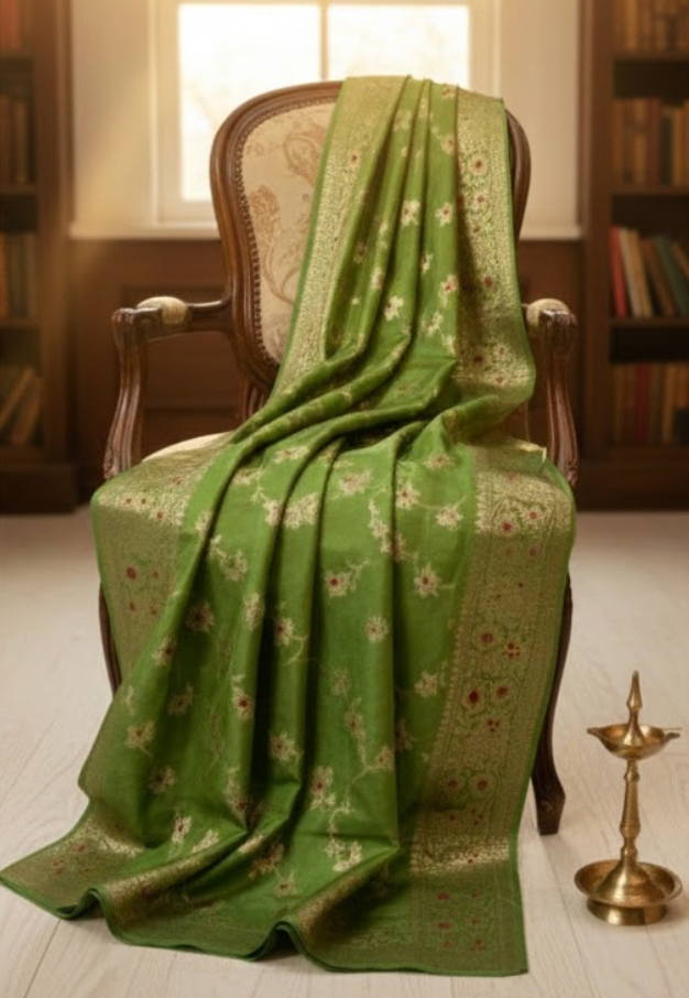 Green Woven Banarasi Silk Saree with Floral Motifs