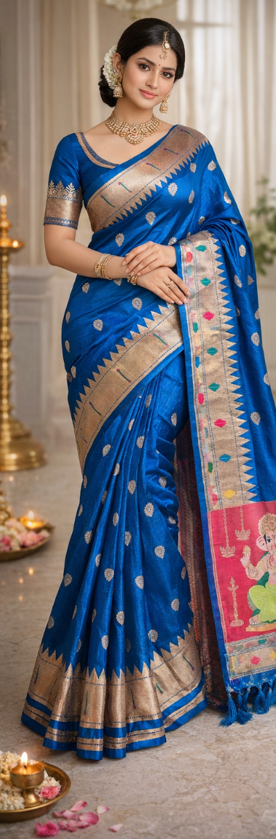 Royal Blue Pure Silk Paithani Saree with Contrasting Red Ganesha Pallu and Gold Zari