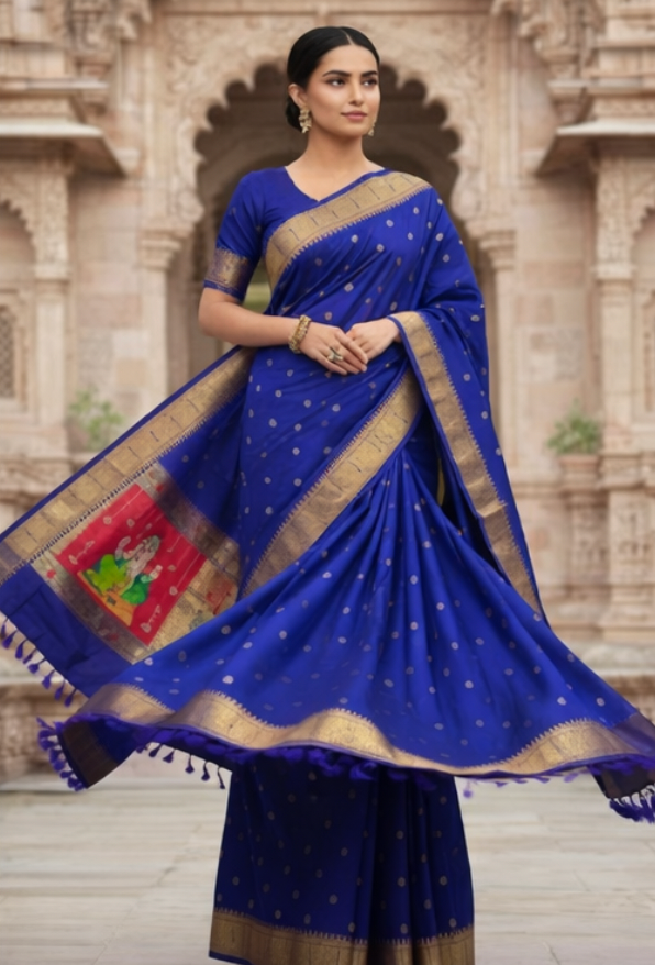 Royal Blue Pure Silk Paithani Saree with Gold Zari Buttis and Ornate Border