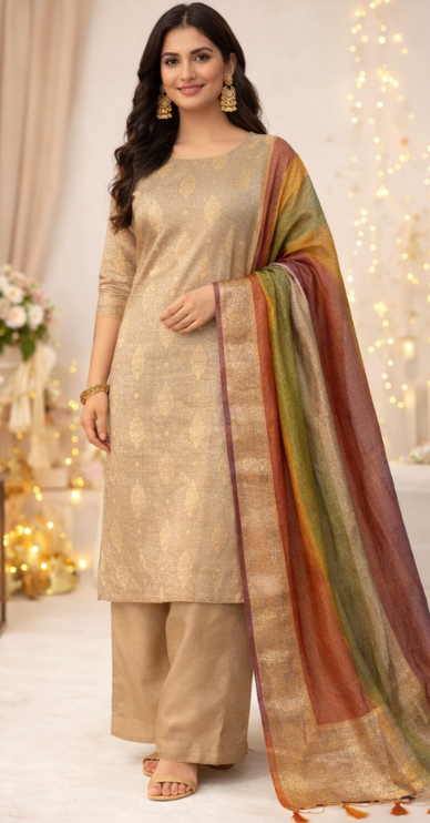 Banarasi Tissue Silk Unstitched Salwar Suit with Designer Multicolor Dupatta