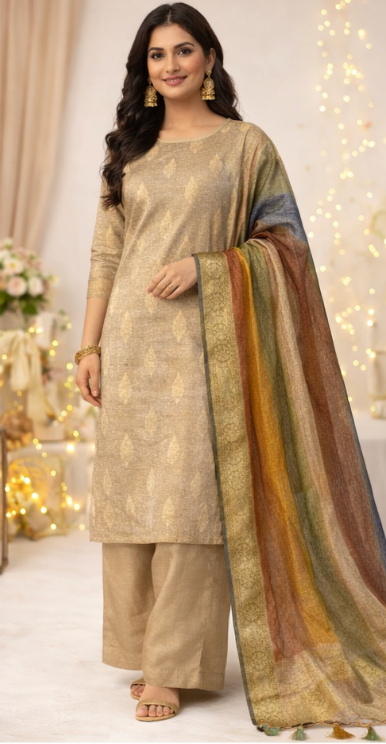 Banarasi Tissue Silk Unstitched Salwar Suit with Pastel Multicolor Dupatta