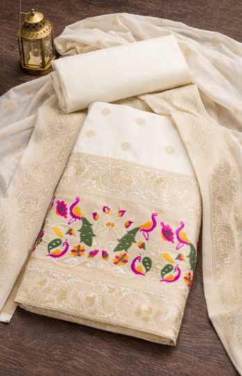 Ivory Serenity: Banarasi Silk Unstitched Suit with Minakari Peacock Weaving