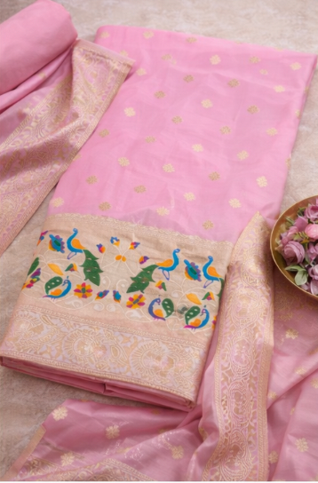 Subtle Lavender: Banarasi Silk Unstitched Suit with Minakari Peacock Weaving