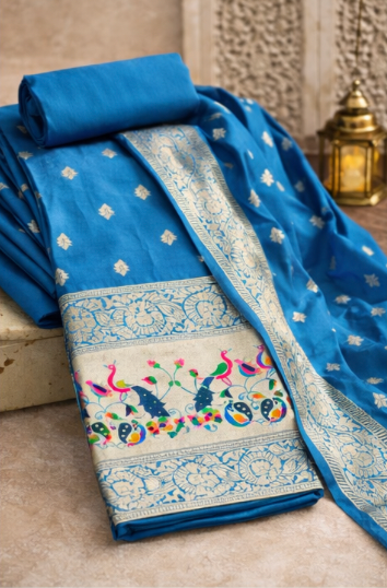 Majestic Blue: Banarasi Silk Unstitched Suit with Grand Gold Zari & Minakari Peacock Border