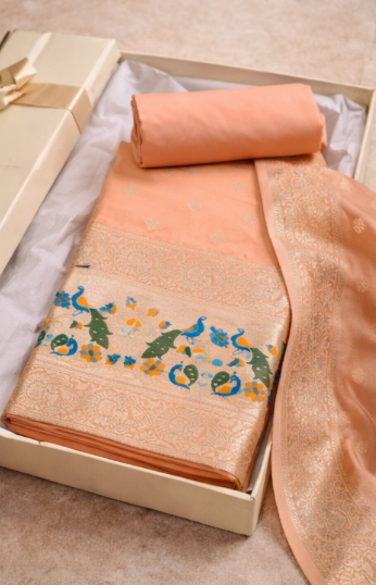 Blush Peach: Banarasi Silk Unstitched Suit with Gold Zari and Minakari Peacock Weaving