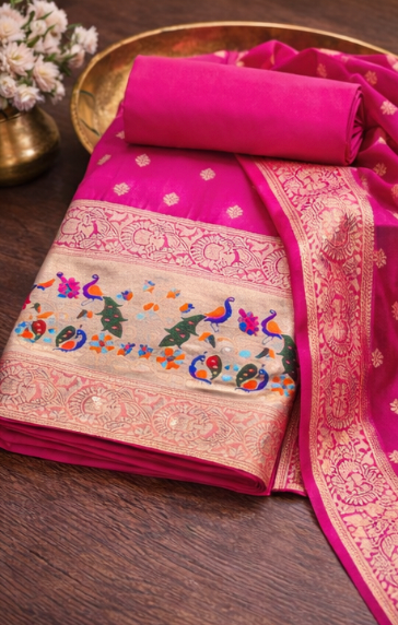 Peacock Majesty: Deep Teal Banarasi Silk Suit Set with Elaborate Minakari Weaving