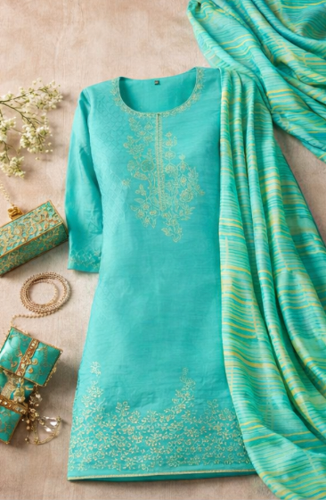 Serene Turquoise: Embroidered Chanderi Silk Suit Set with Zari Stripe Dupatta