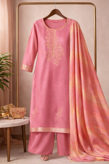 Regal Rani Pink: Gold-Embroidered Ready-to-Wear Kurta-Palazzo Set with Striped Dupatta