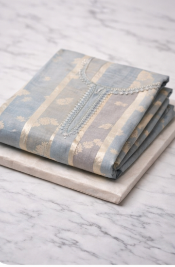 Designer Powder Blue Banarasi Georgette Suit Set with Zari Woven Dupatta