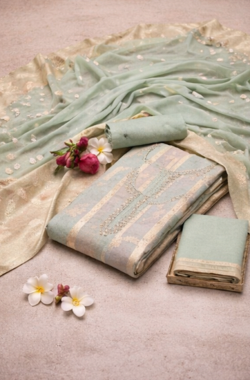 Elegant Pastel Mint Green and Beige Chanderi Silk Unstitched Suit Set with Turquoise Embroidery and Zari Organza Dupatta