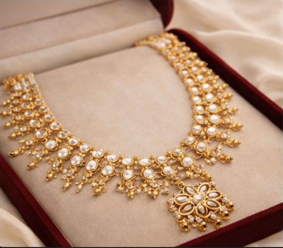 Traditional Kundan Pearl Long Necklace with Floral Pendant