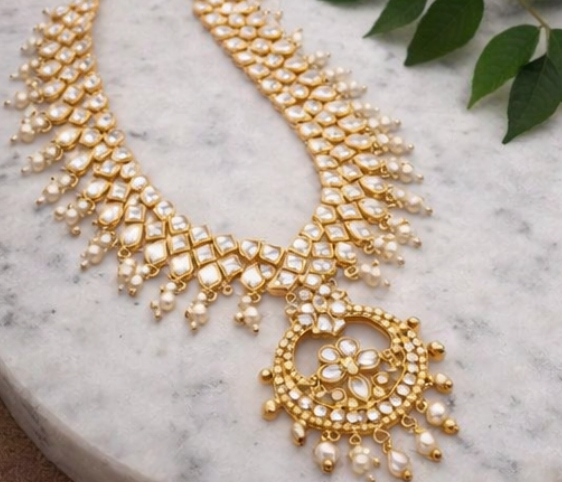 Traditional Kundan Long Necklace Set with Floral Pendant and Pearls