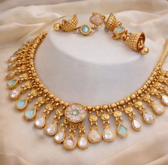 Traditional Kundan Gold Choker Necklace Set with Matching Earrings