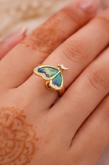 Tara Fashion India Butterfly Enamel Gold-Plated Adjustable Ring - Green & Blue Meenakari