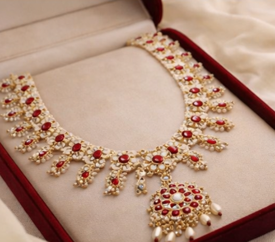 Traditional Kundan Ruby Pearl Long Necklace Set with Floral Pendant