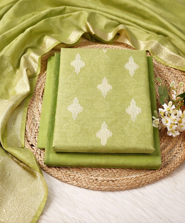 Pista Green Linen Zari Booti Unstitched Suit Fabric with Zari Border Dupatta