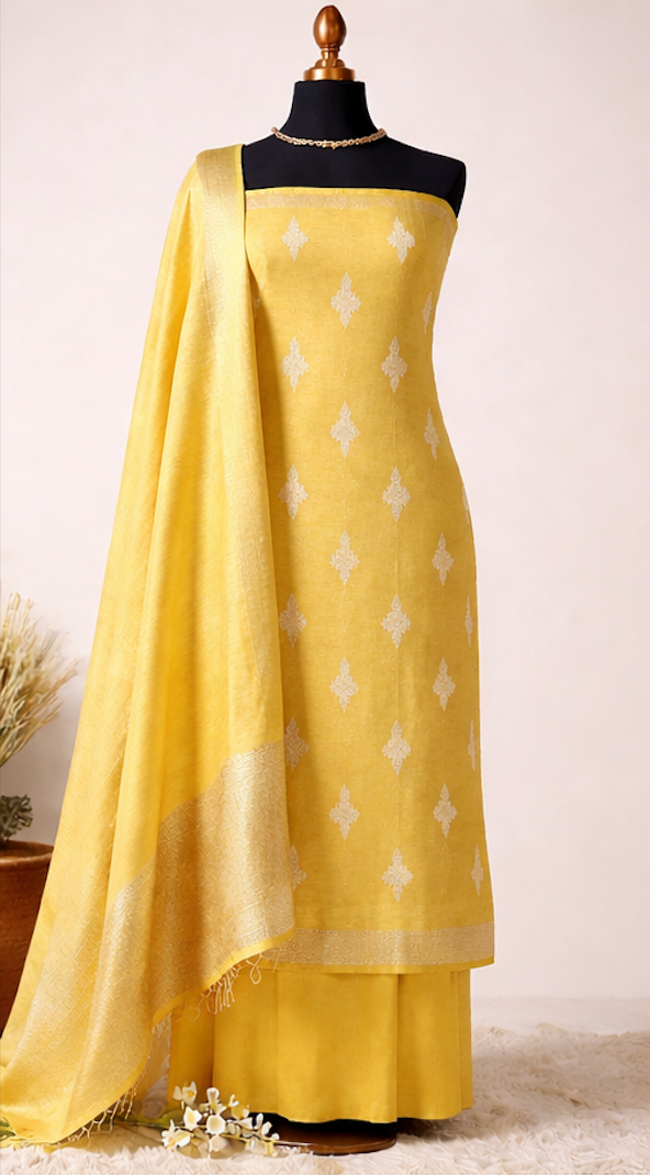 Mustard Yellow Linen Zari Booti Unstitched Suit Fabric with Zari Border Dupatta