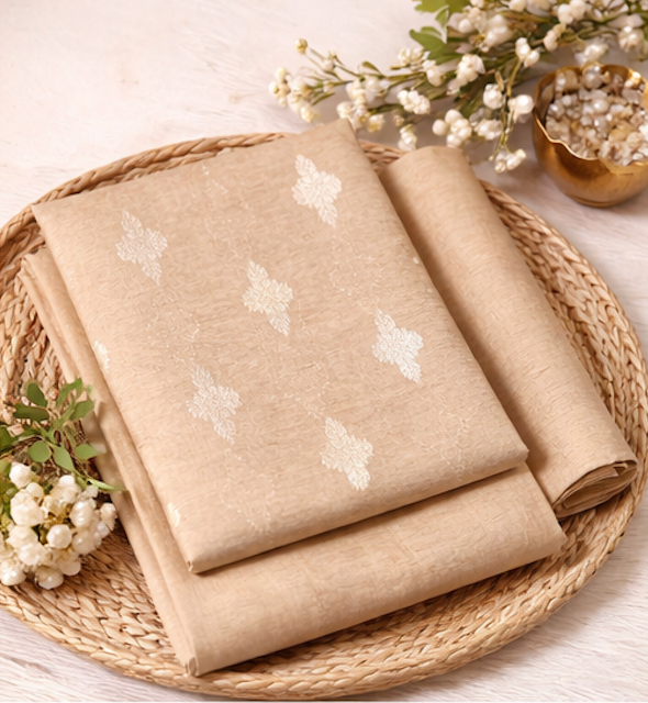 Beige Linen Zari Booti Unstitched Suit Fabric with Zari Border Dupatta