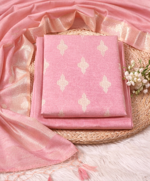 Blush Pink Linen Zari Booti Unstitched Suit Fabric with Zari Border Dupatta