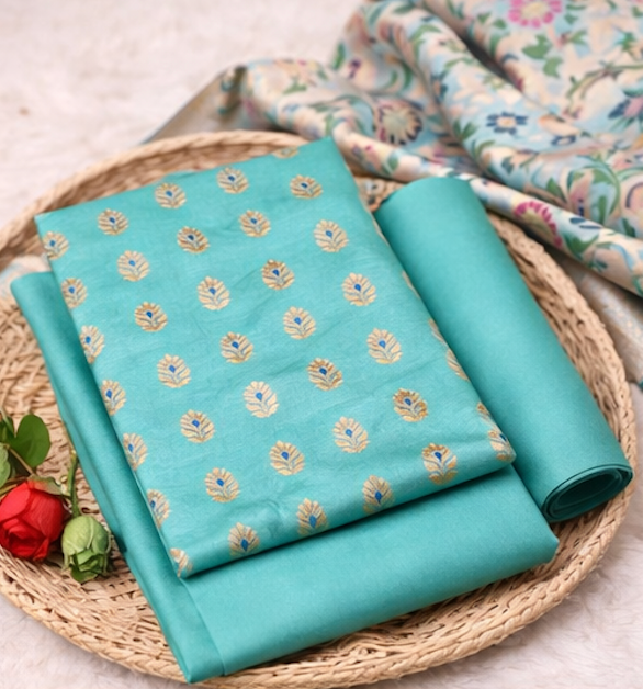 Aqua Blue Banarasi Silk Unstitched Salwar Kameez with Floral Weaving Dupatta