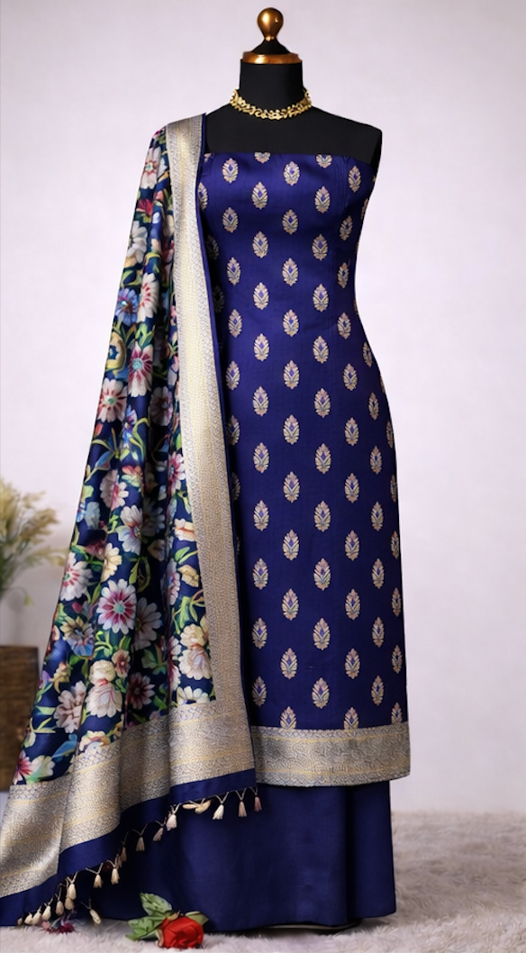 Royal Blue Banarasi Silk Unstitched Salwar Kameez with Floral Kimkhab Dupatta