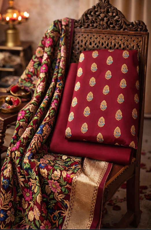 Wine Maroon Banarasi Silk Unstitched Salwar Kameez with Meena Floral Dupatta