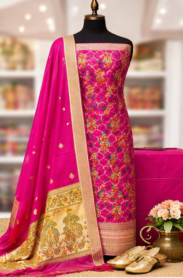 Rani Pink Banarasi Silk Unstitched Suit Set with Floral Zari Jaal