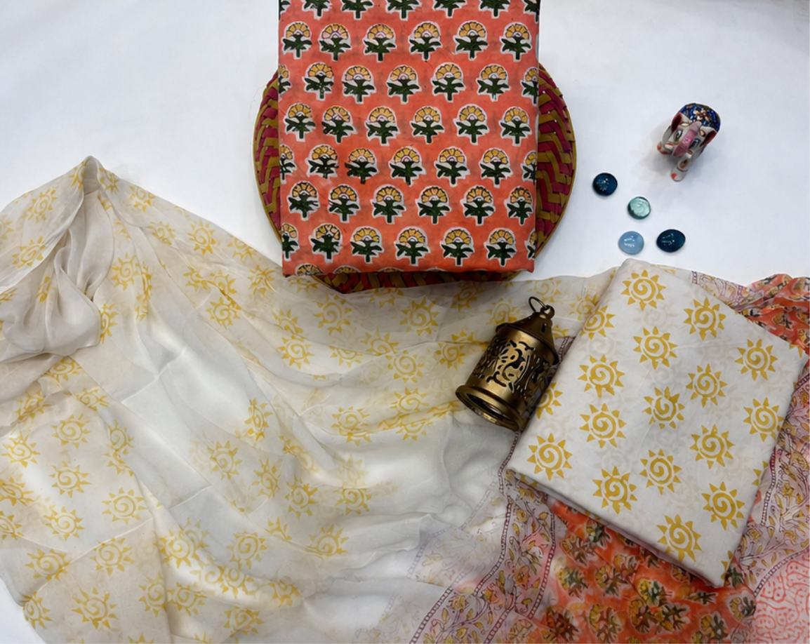 Exclusive Hand Block Printed Cotton Suit Set with Chiffon Dupatta
