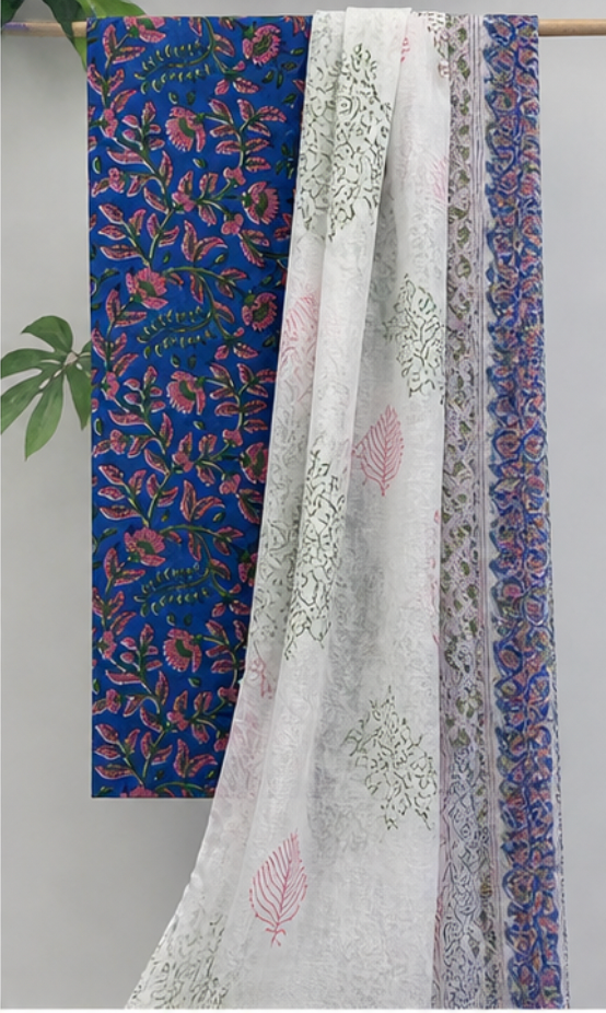 Premium Hand Block Printed Cotton Suit Set with Chiffon Dupatta (Blue Floral)