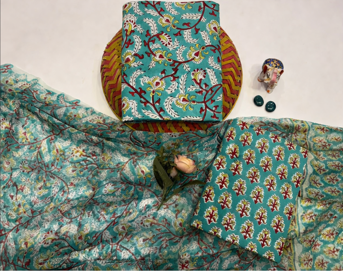 Elegant Hand Block Printed Cotton Suit Set with Chiffon Dupatta (Aqua Floral)