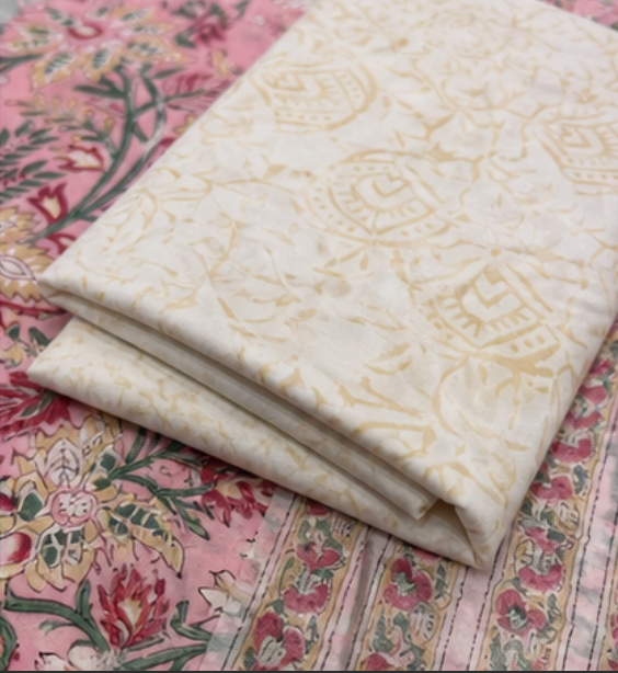 Premium Hand Block Printed Cotton Suit Set with Chiffon Dupatta (Blush Pink Floral)