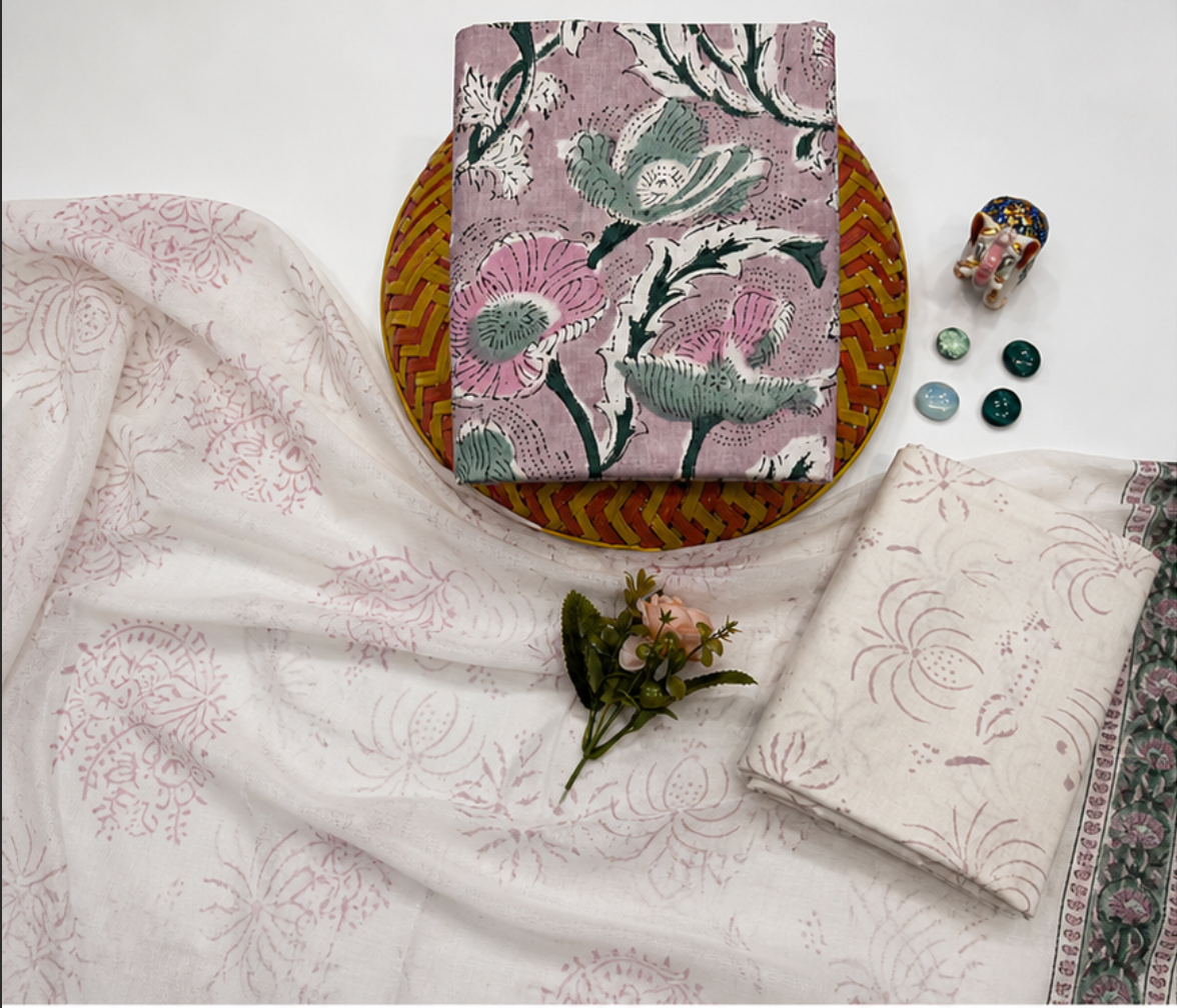 Elegant Hand Block Printed Cotton Suit Set with Chiffon Dupatta (Dusty Rose Floral)