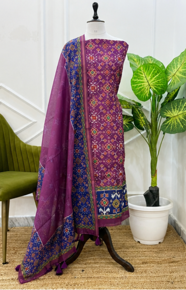 Exclusive Banarasi Cotton Silk Digital Print Suit Set with Dupatta (Royal Plum)