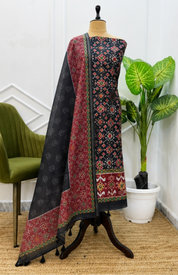 Exclusive Banarasi Cotton Silk Digital Print Suit Set with Dupatta (Charcoal Black)
