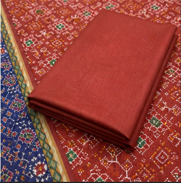 Exclusive Banarasi Cotton Silk Digital Print Suit Set with Dupatta (Rust Red)
