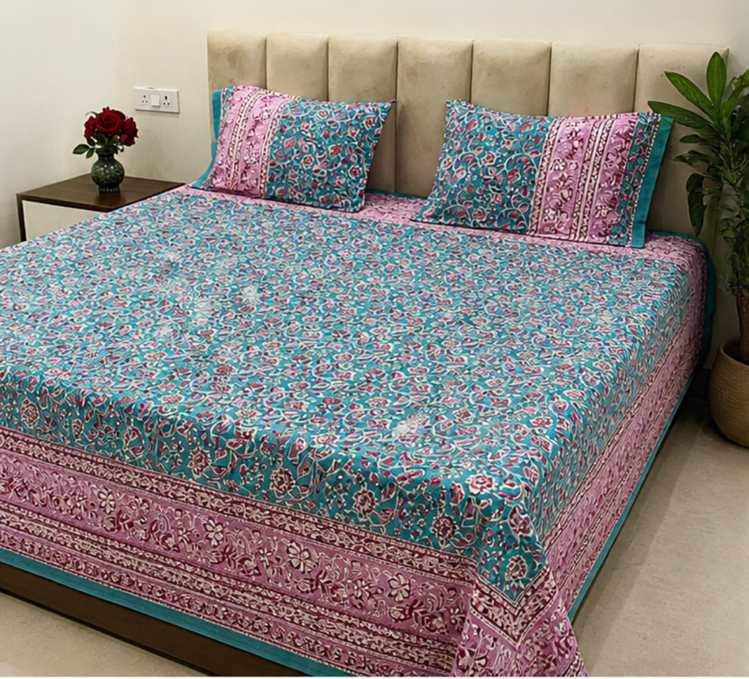 Hand Block Printed Pure Cotton Double Bedsheet with Pillow Covers (Turquoise Floral)