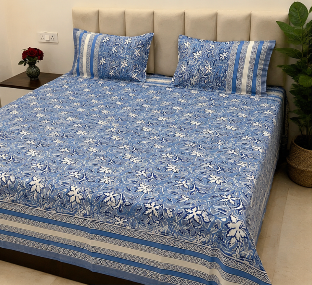 Hand Block Printed Pure Cotton Double Bedsheet with Pillow Covers (Classic Blue Floral)