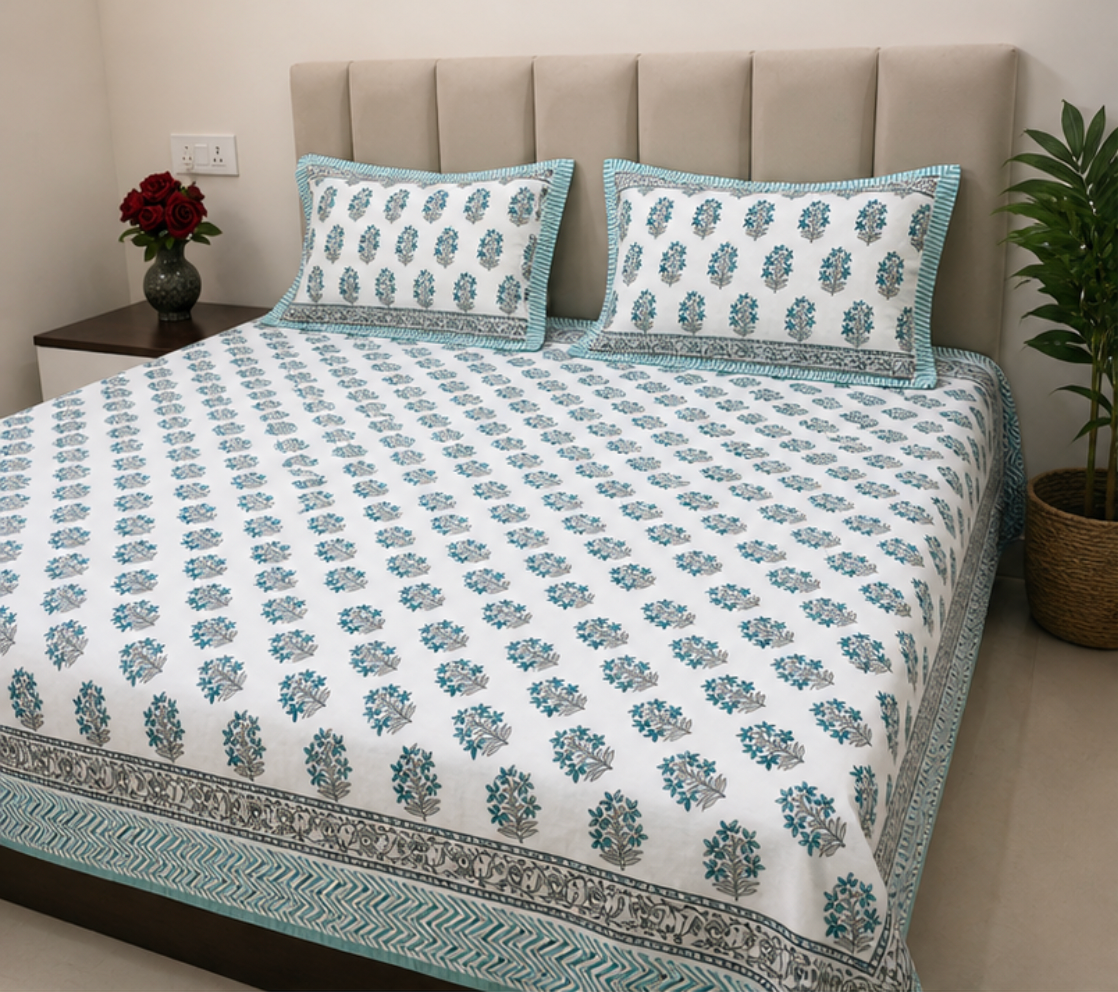 Hand Block Printed Pure Cotton Double Bedsheet with Pillow Covers (White & Teal Floral)