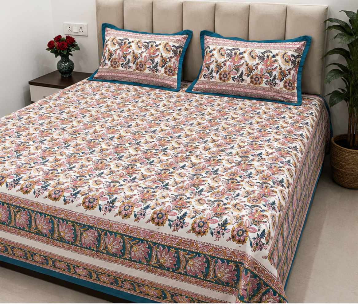 Hand Block Printed Pure Cotton Double Bedsheet with Pillow Covers (Pastel Floral Garden)