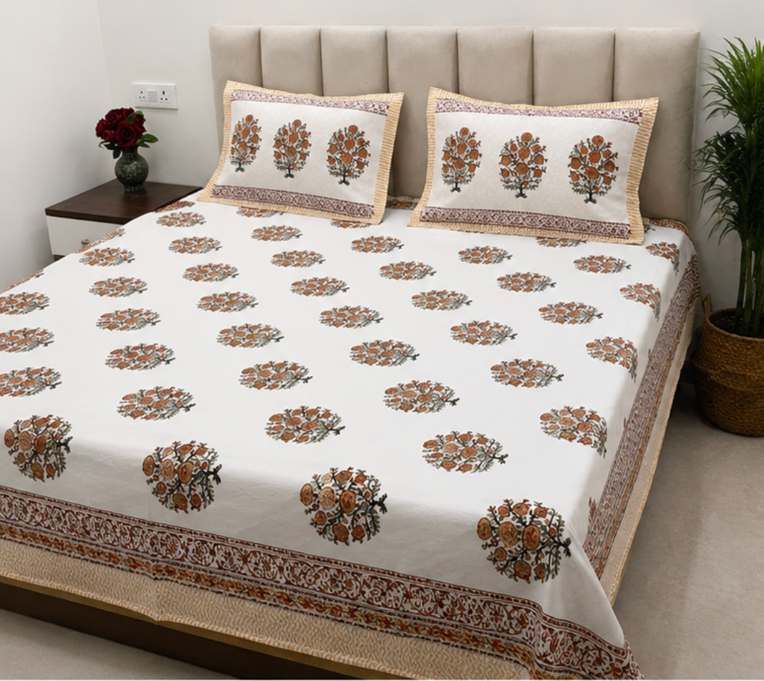 Hand Block Printed Pure Cotton Double Bedsheet with Pillow Covers (Rust Floral Bouquet)
