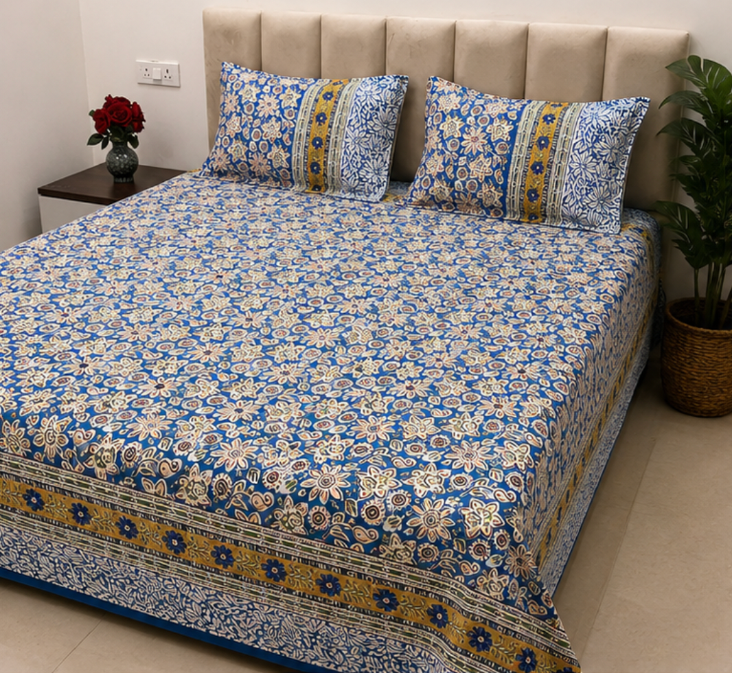 Hand Block Printed Pure Cotton Double Bedsheet with Pillow Covers (Royal Blue Floral)