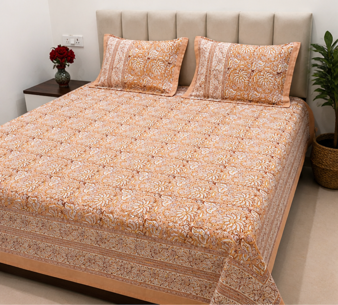 Hand Block Printed Pure Cotton Double Bedsheet with Pillow Covers (Peach Blossom Floral)