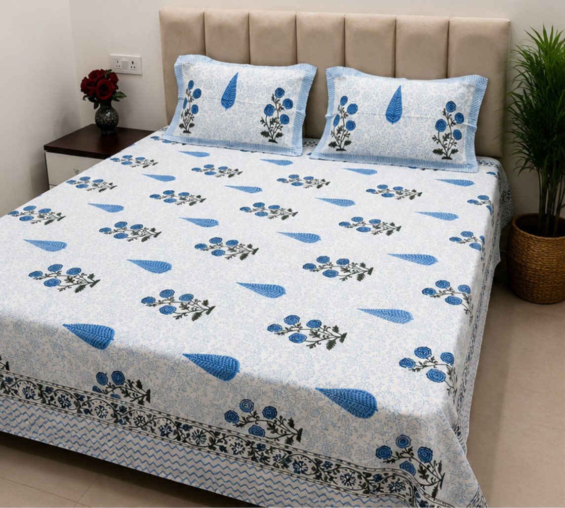 Hand Block Printed Pure Cotton Double Bedsheet with Pillow Covers (Sky Blue Rose Motif)