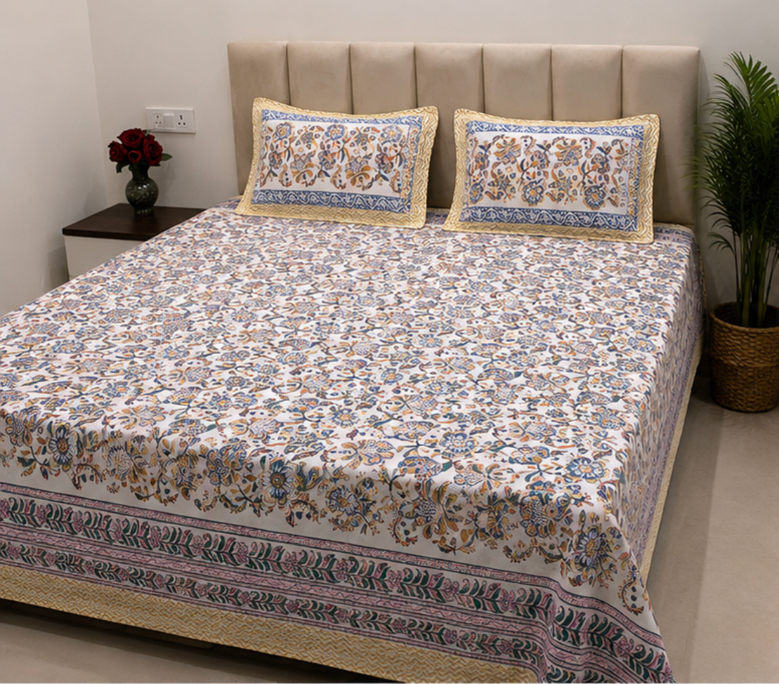 Hand Block Printed Pure Cotton Double Bedsheet with Pillow Covers (Vintage Blue Floral)